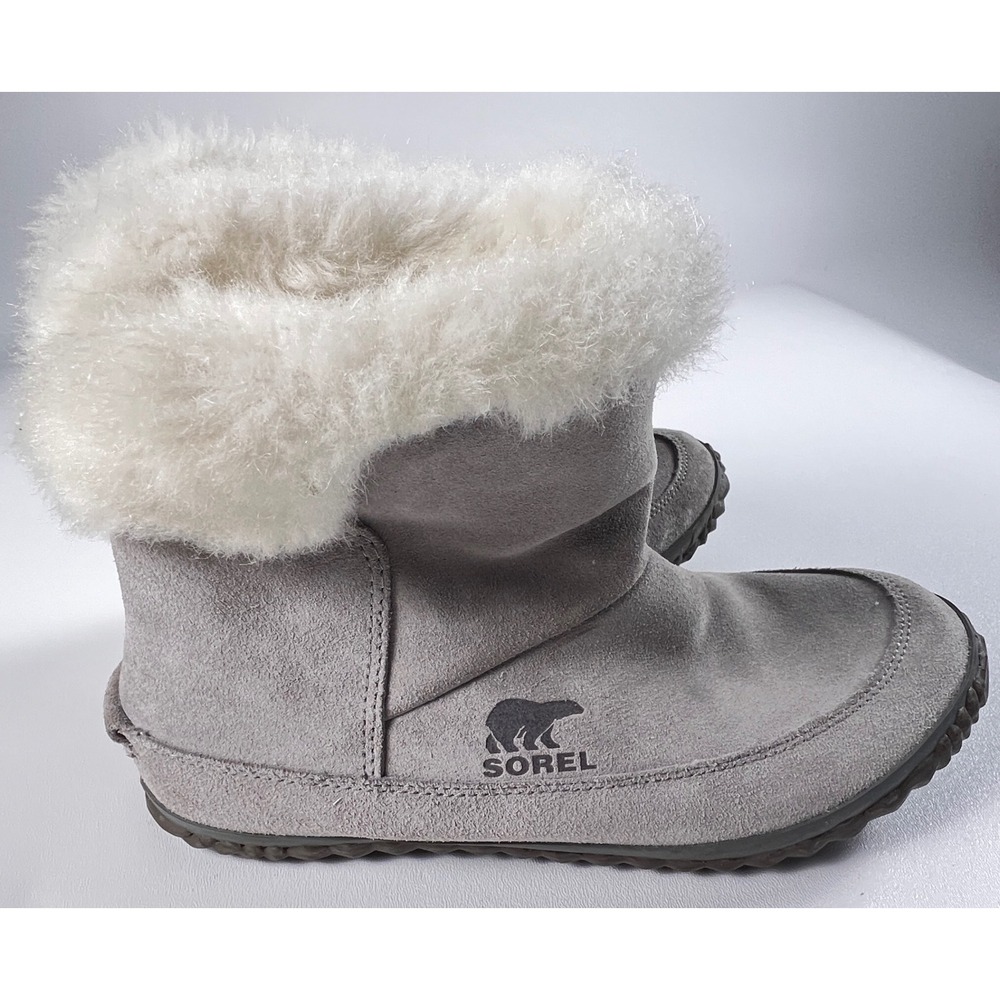 Sorel Nakiska Bootie Women 8 Gray Suede Faux Fur Indoor Outdoor Booties Cozycore